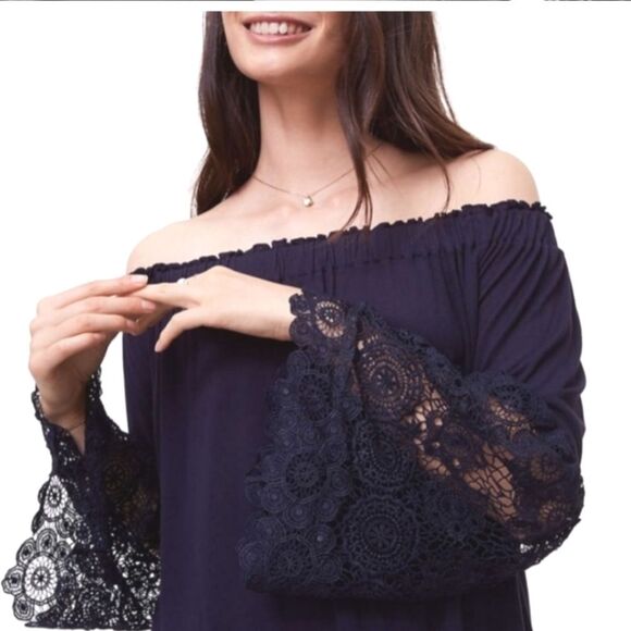 LOFT Navy Blue Lace Trimmed Bell Sleeve Off The Shoulder Blouse Size Medium - Picture 1 of 12
